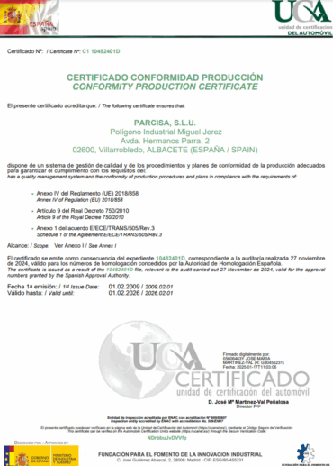 PARCISA renueva su Certificado de Conformidad de Producción